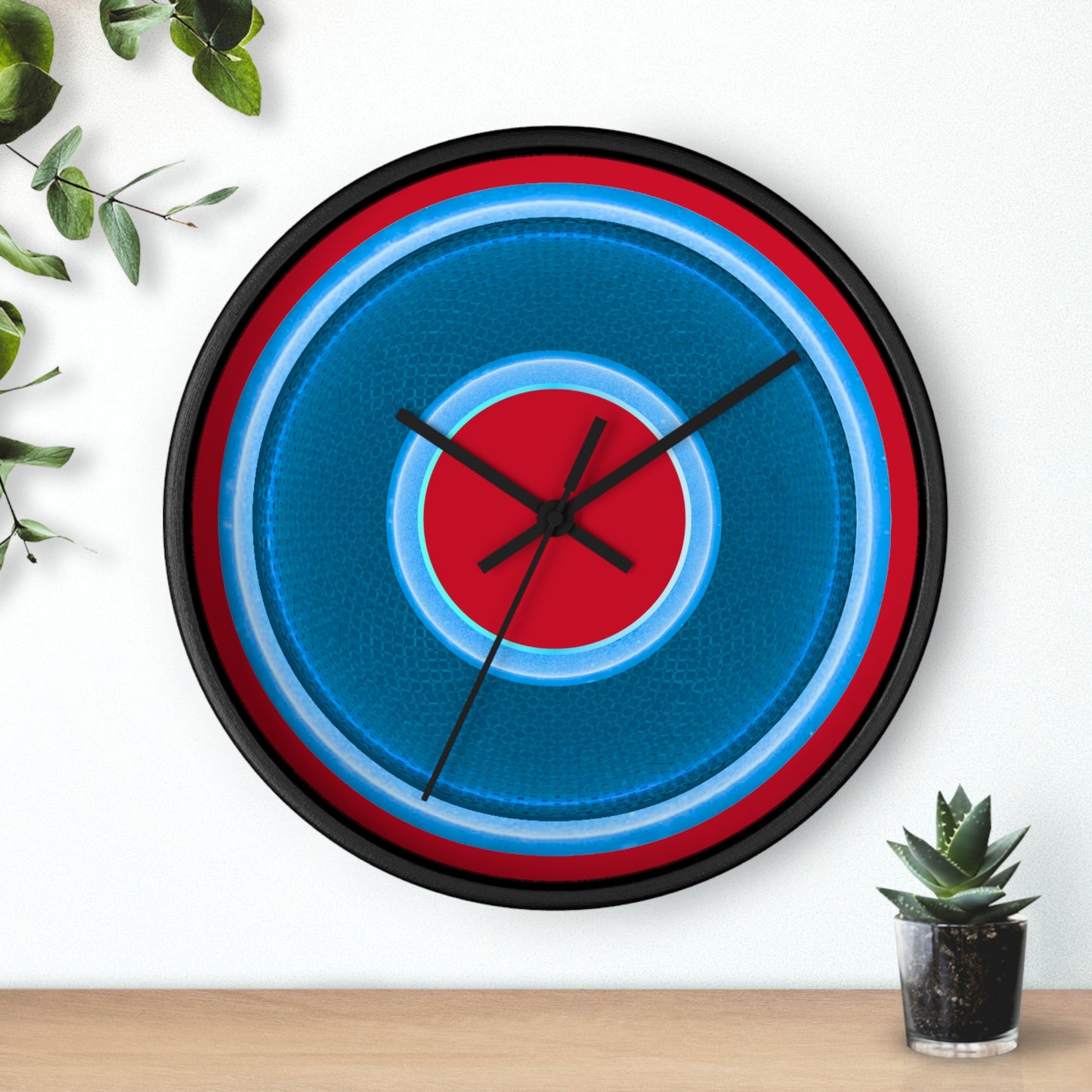 Lumpy Wall Clock - blue rustic donut w/light blue edging - variant 1 w/red background