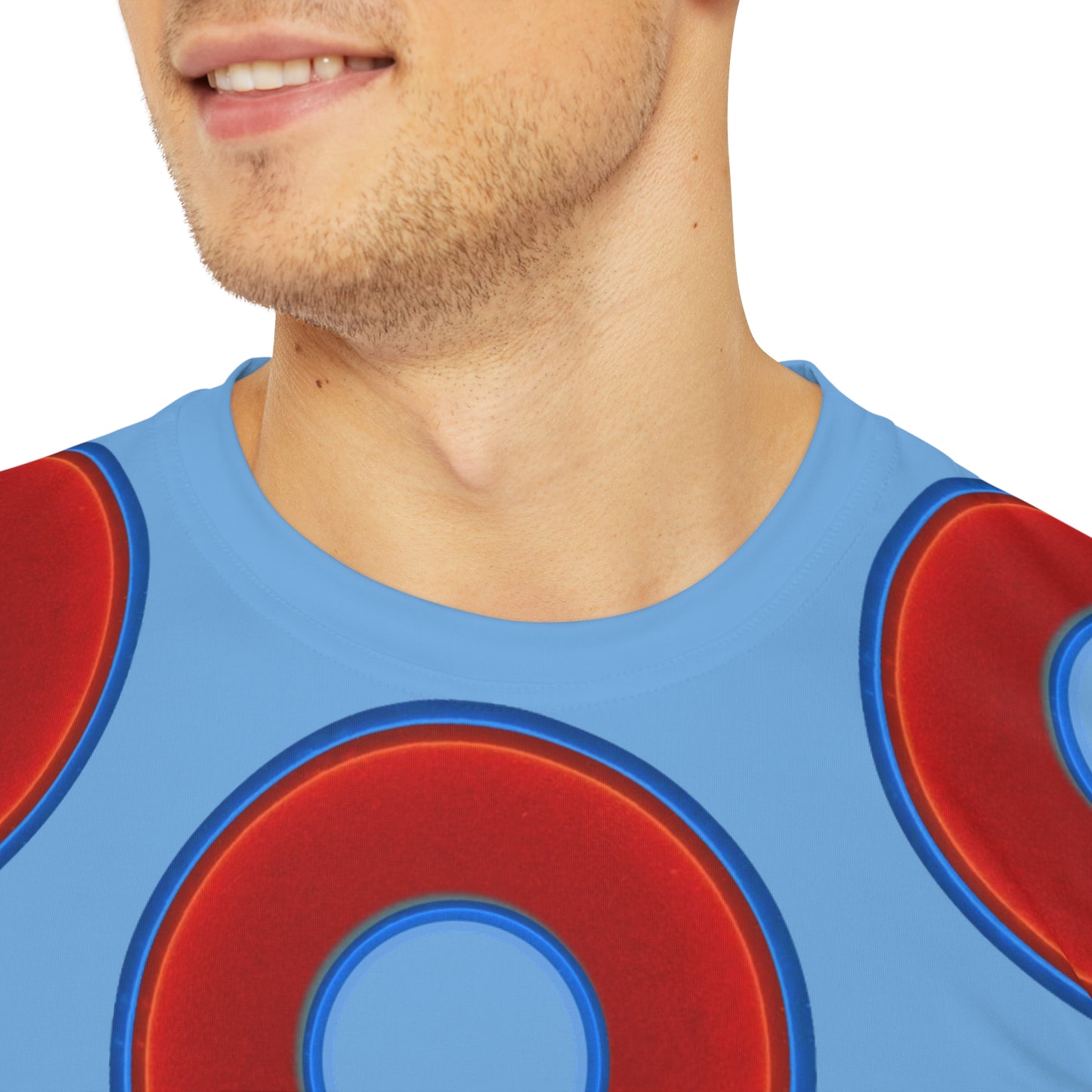 Multi-Beastie Giant Donut AOP Polyester Tee - red vivid donut print w/light blue background
