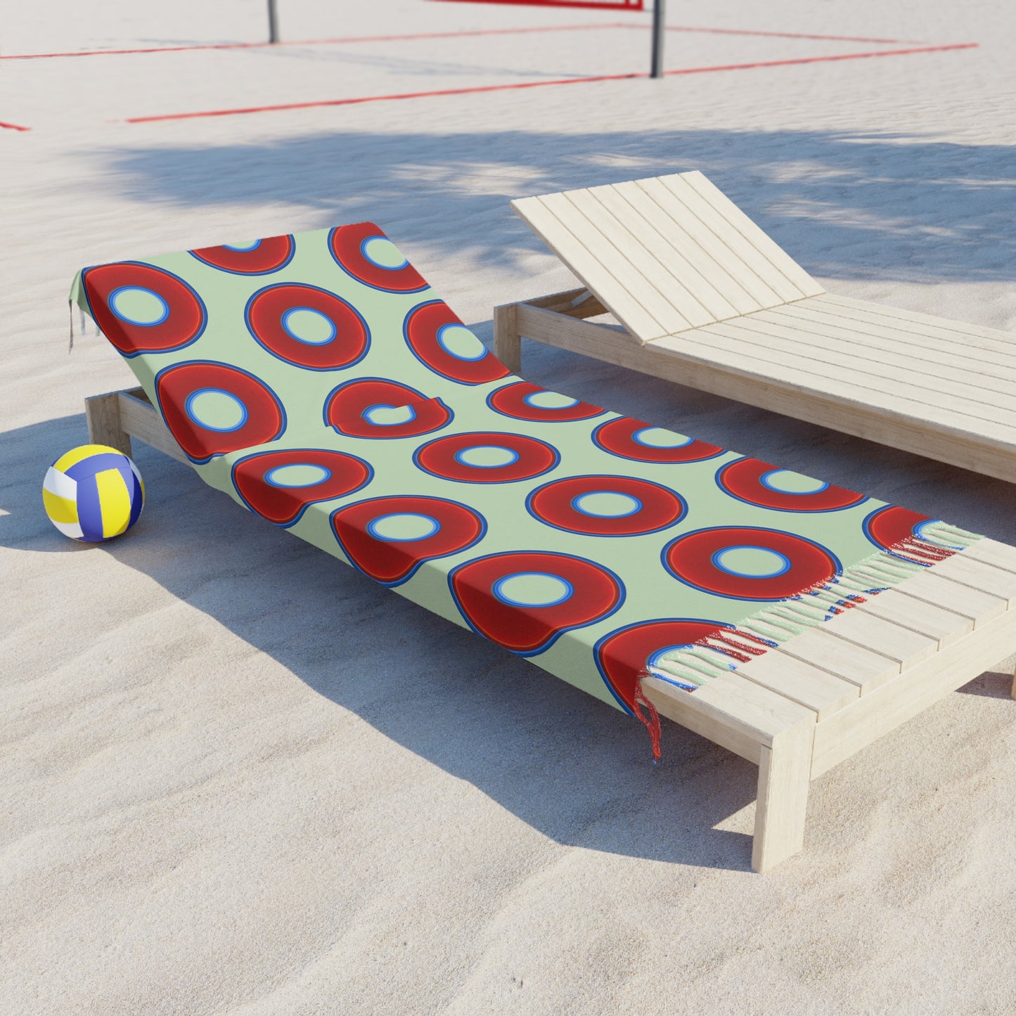 Oversized Lumpy Beach Towel - vivid red donuts w/seafoam background