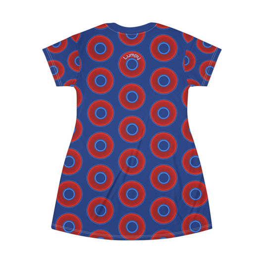 Not a Muumuu AOP Tee Shirt Dress - red vivid donuts w/dark blue background