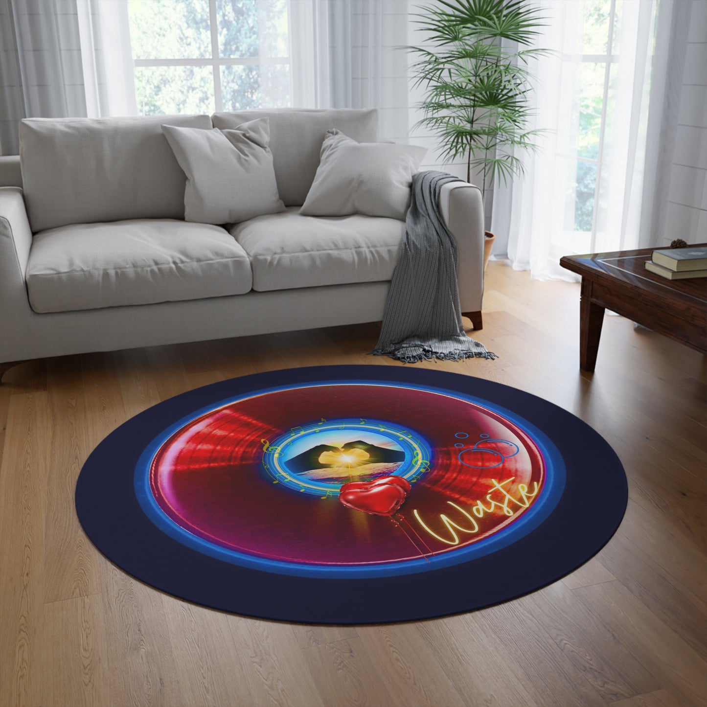 Round Room - 5 ft x 5 ft Lumpy Donut Rug - "Waste of a Perfectly Good Donut Rug" - vivid red donut w/dark navy background - variant 2