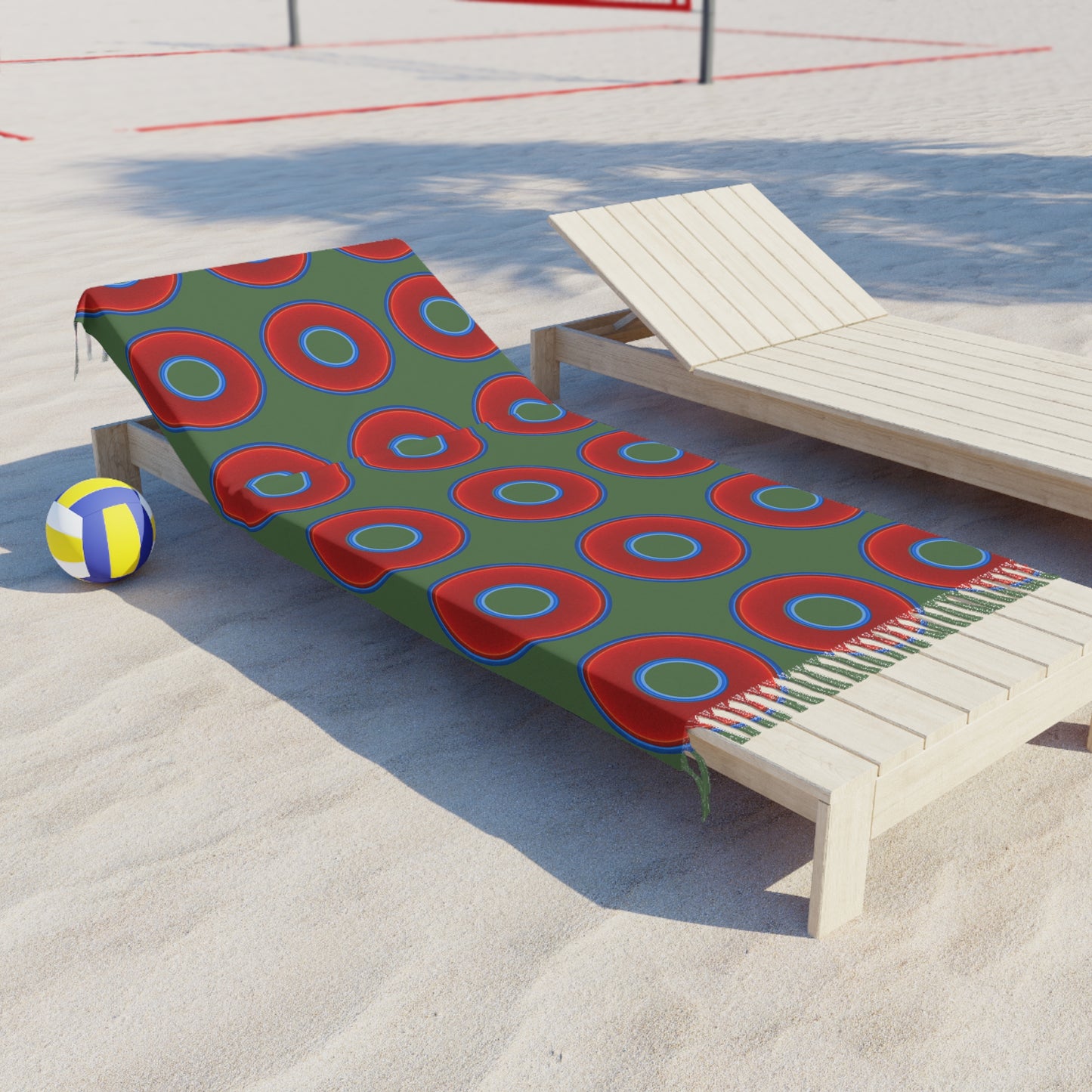 Oversized Lumpy Beach Towel - vivid red donuts w/dark green background