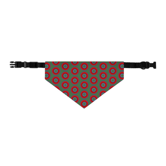 Jim's Lumpy Bandana Pet Collar - vivid red donuts w/dark green background