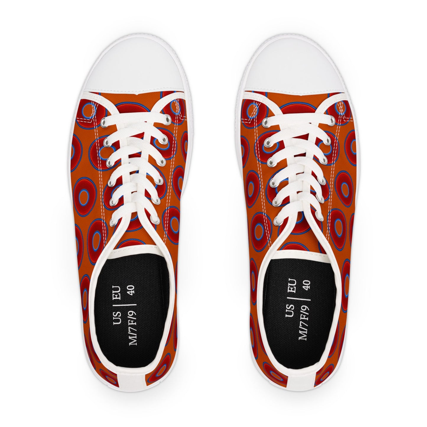Women's - Low Top Chuck Taylors - large vivid red donut print w/dark orange background
