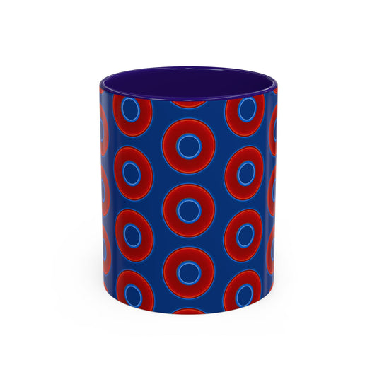 Lump's Grumpy Coffee Mug - vivid red donuts w/dark blue background