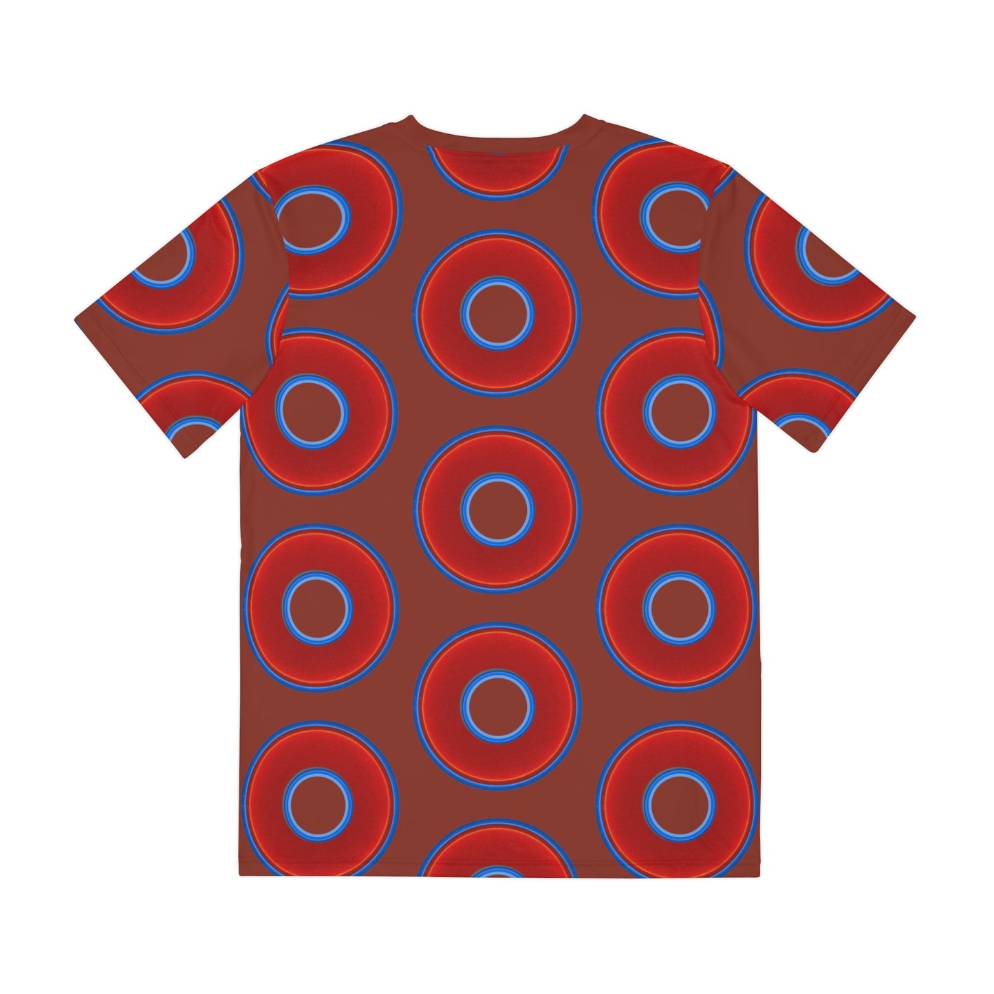 Multi-Beastie Giant Donut AOP Polyester Tee - red vivid donut print w/burnt umber background