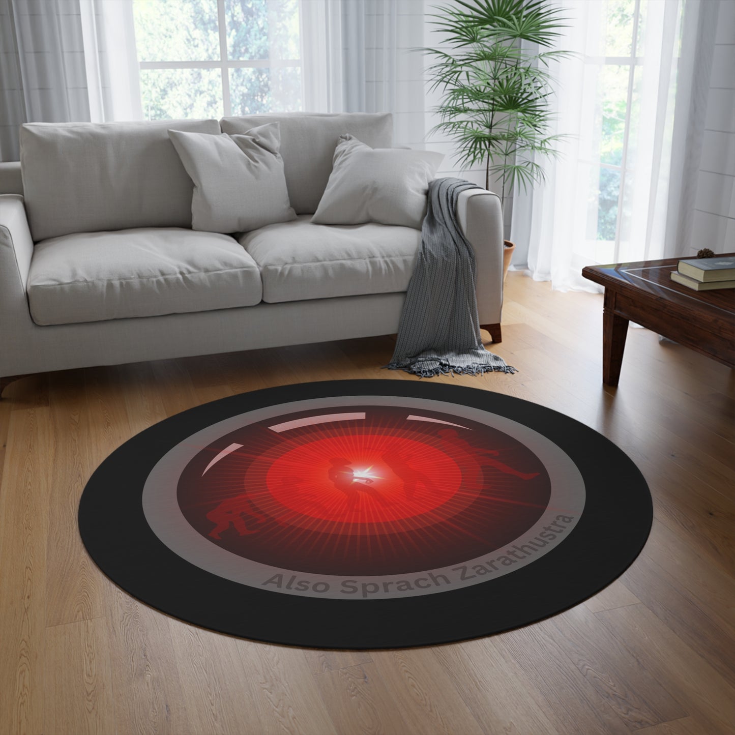Round Room - 5 ft x 5 ft Lumpy Donut Rug - "2025: A Donut Rug Odyssey" - black/red Hal donut w/black background - variant 2