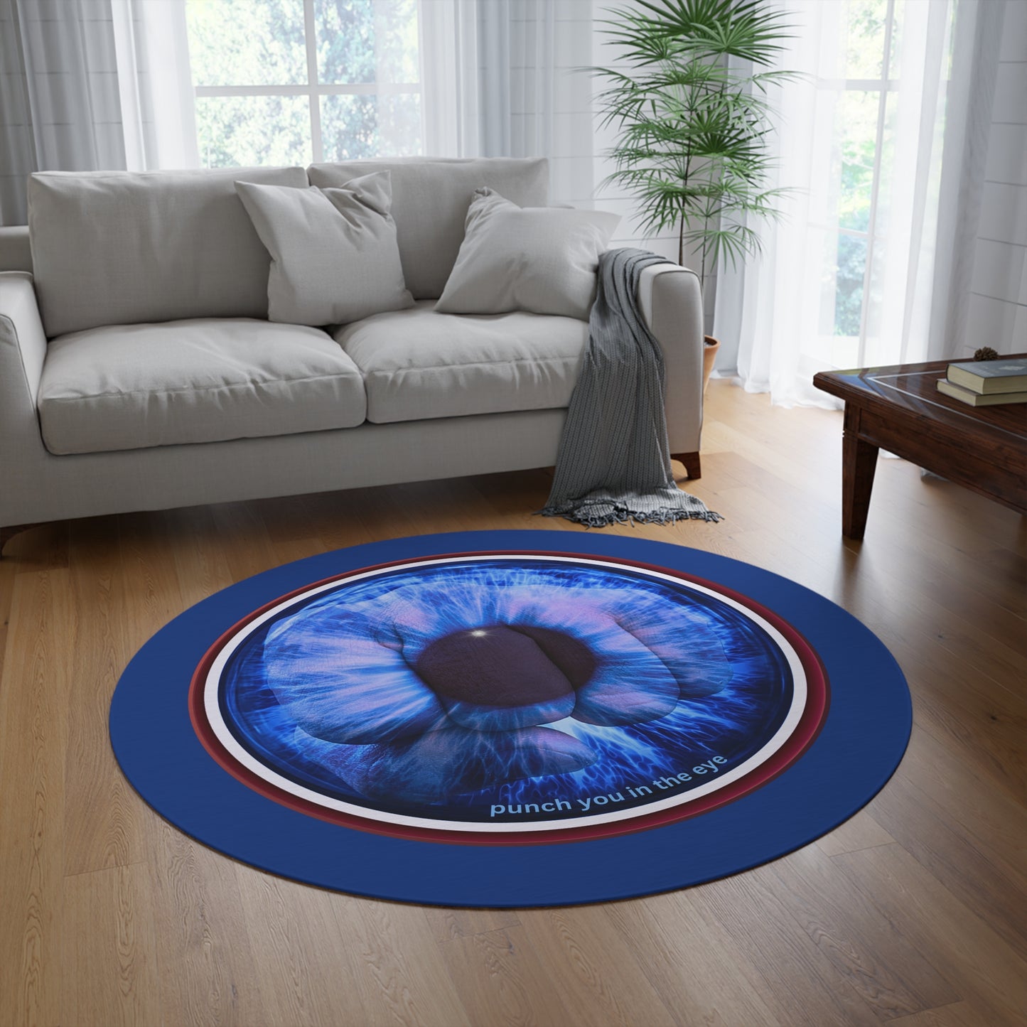 Round Room - 5 ft x 5 ft Lumpy Donut Rug - "Wilson's Eyesore of a Donut Rug" - blue/red idonut w/dark blue background - variant 2