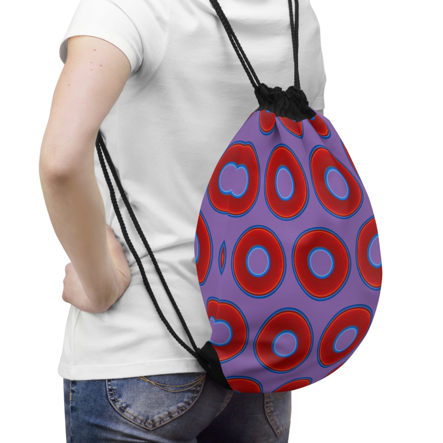 Lumpy Donut Drawstring Bag - red vivid donuts print w/light purple background