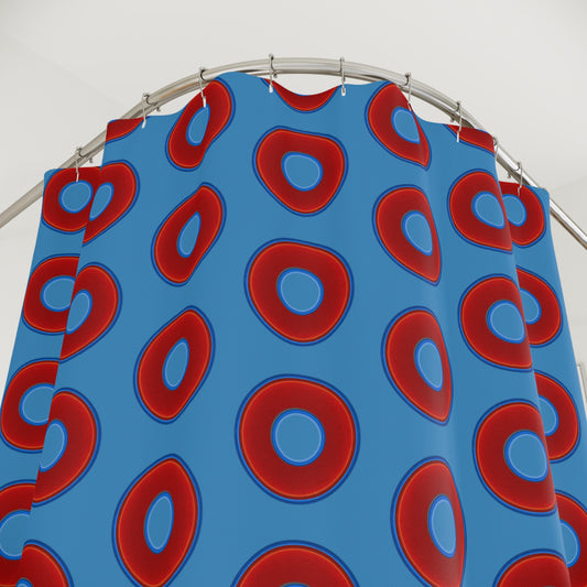 The Curtain With "Donuts" - Lumpy Bath Time Fun - vivid red donuts w/light steel blue background