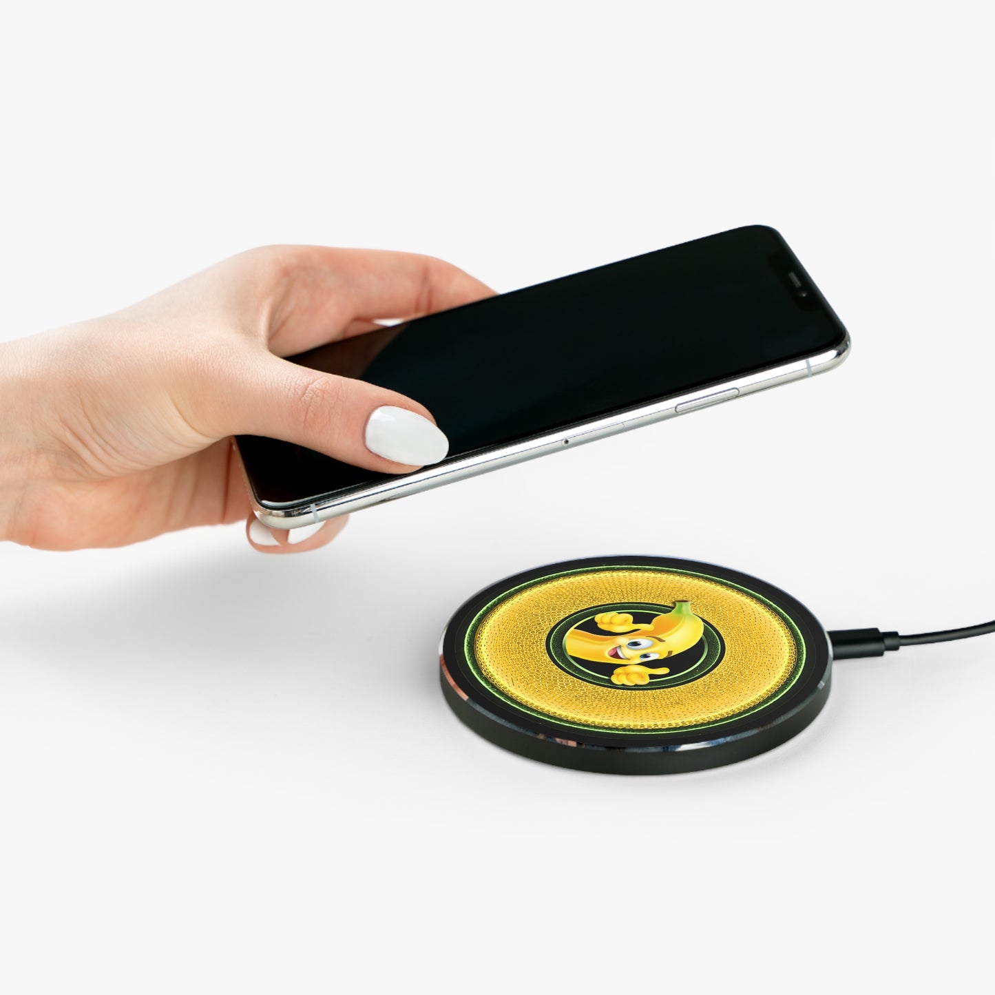The Flow - Wireless Lumpy Donut Chargers - "This Wireless Power is Bananas" - rustic golden donut w/black background - variant 2