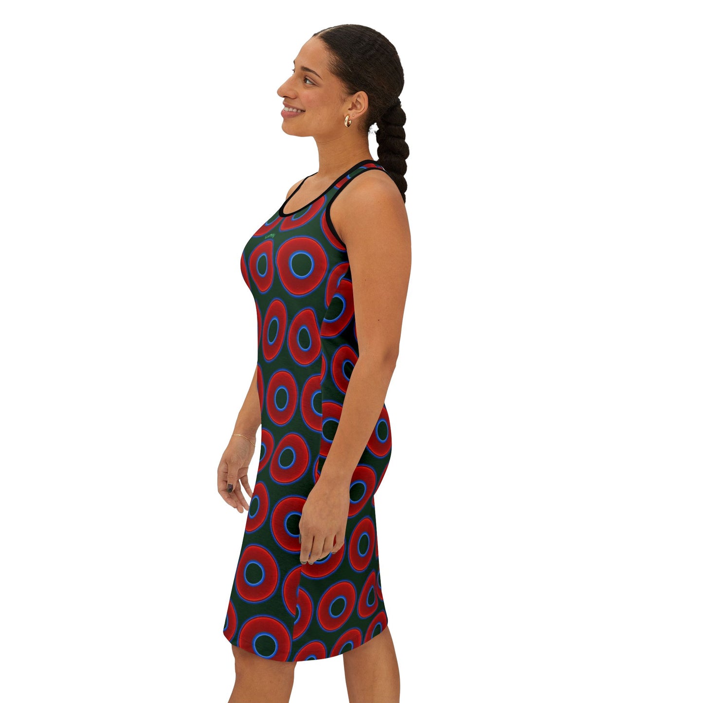 Tela's Lumpy Racerback Donut Dress - red vivid donut print w/deep pond green background