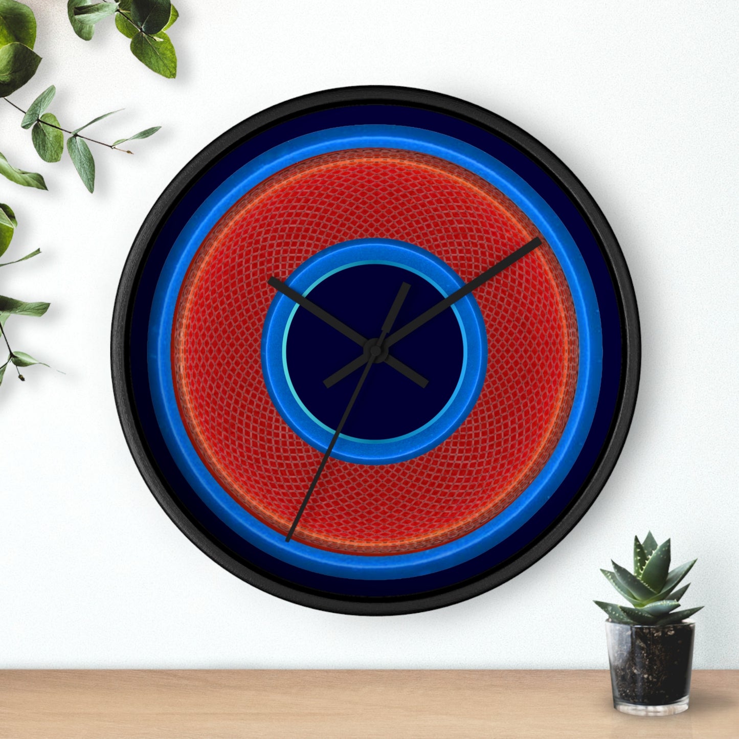 Lumpy Wall Clock - red rustic donut w/light blue edging - variant 1 w/midnight blue background