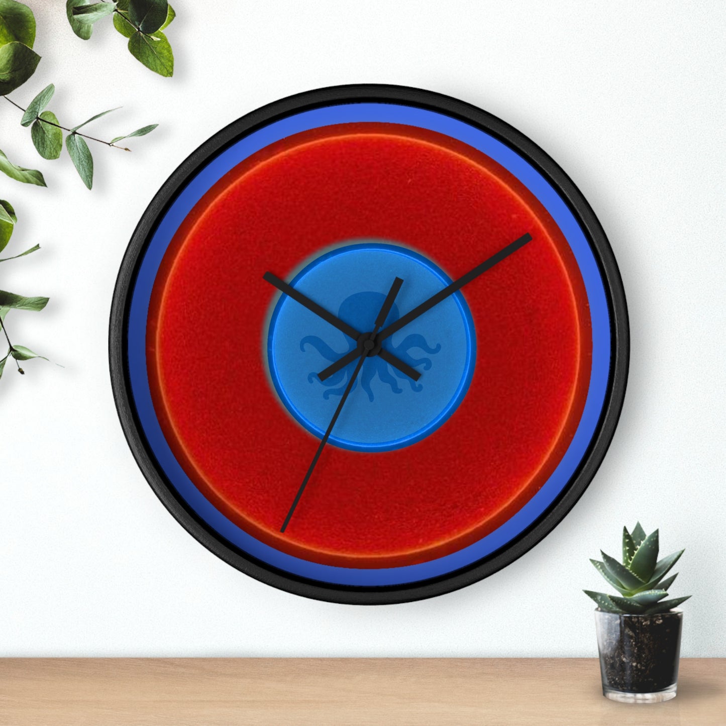 Lumpy Wall Clock - "Roger Moore's Donut Clock" - red vivid donut w/royal blue background