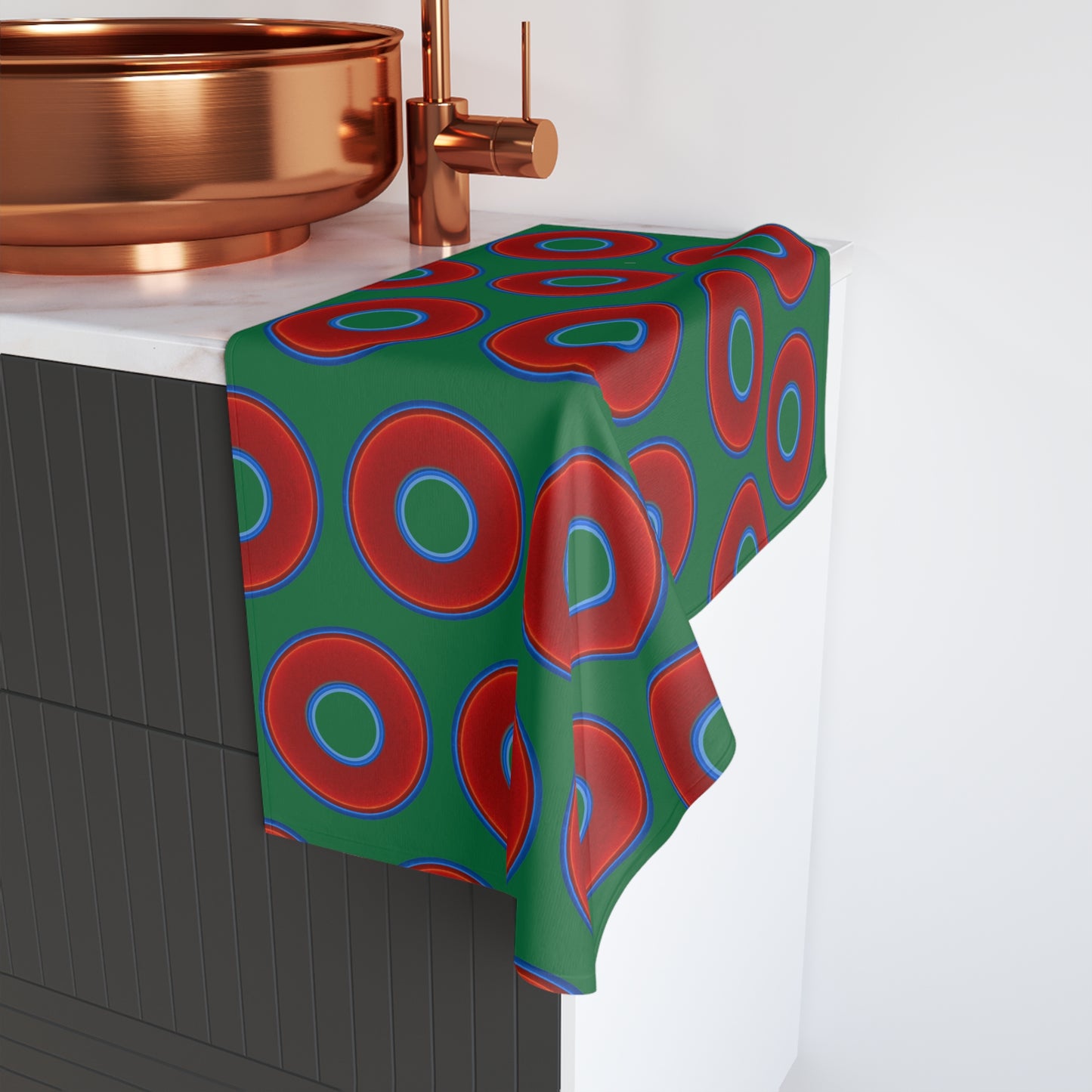 Lumpy Kitchen/Hand Towels - vivid red donuts w/green background