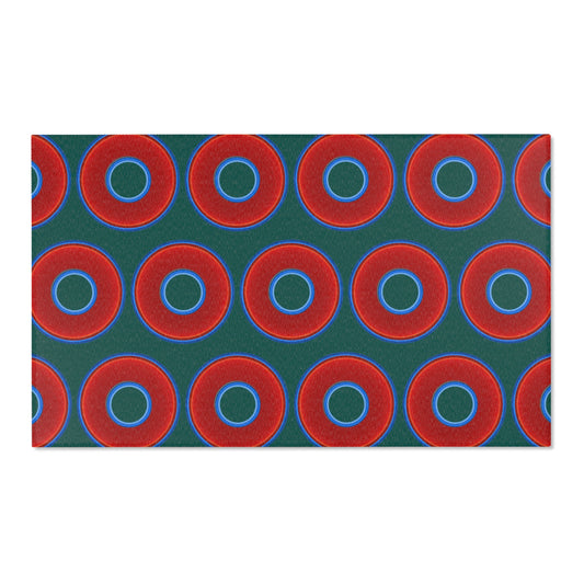 Lumpy Donut Print Rug - choice of 3 sizes - vivid red donut print w/dark Fenway green background