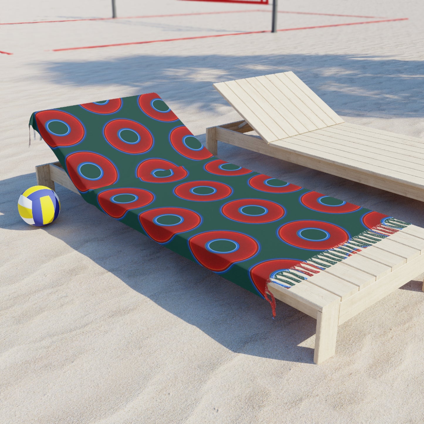 Oversized Lumpy Beach Towel - vivid red donuts w/dark Fenway green background