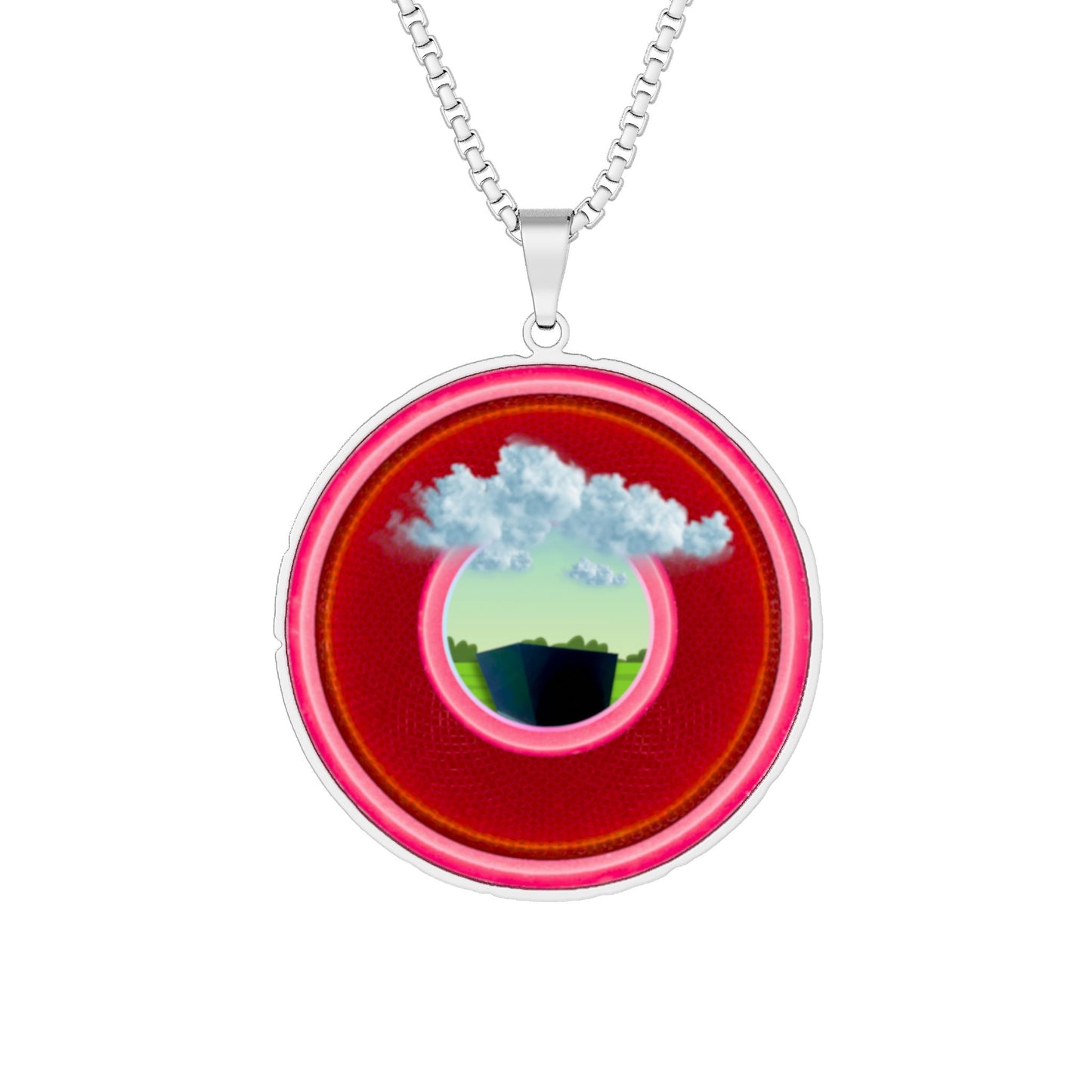 Lump's Heady Donut Necklace - 1" x 1" Stainless Steel Pendant - "Got Rhombus Donut Pendants?" - rustic red/magenta donut - variant 2
