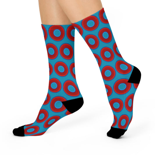 Lumpy Sox - cushioned crew - vivid red donut print w/aquamarine blue background