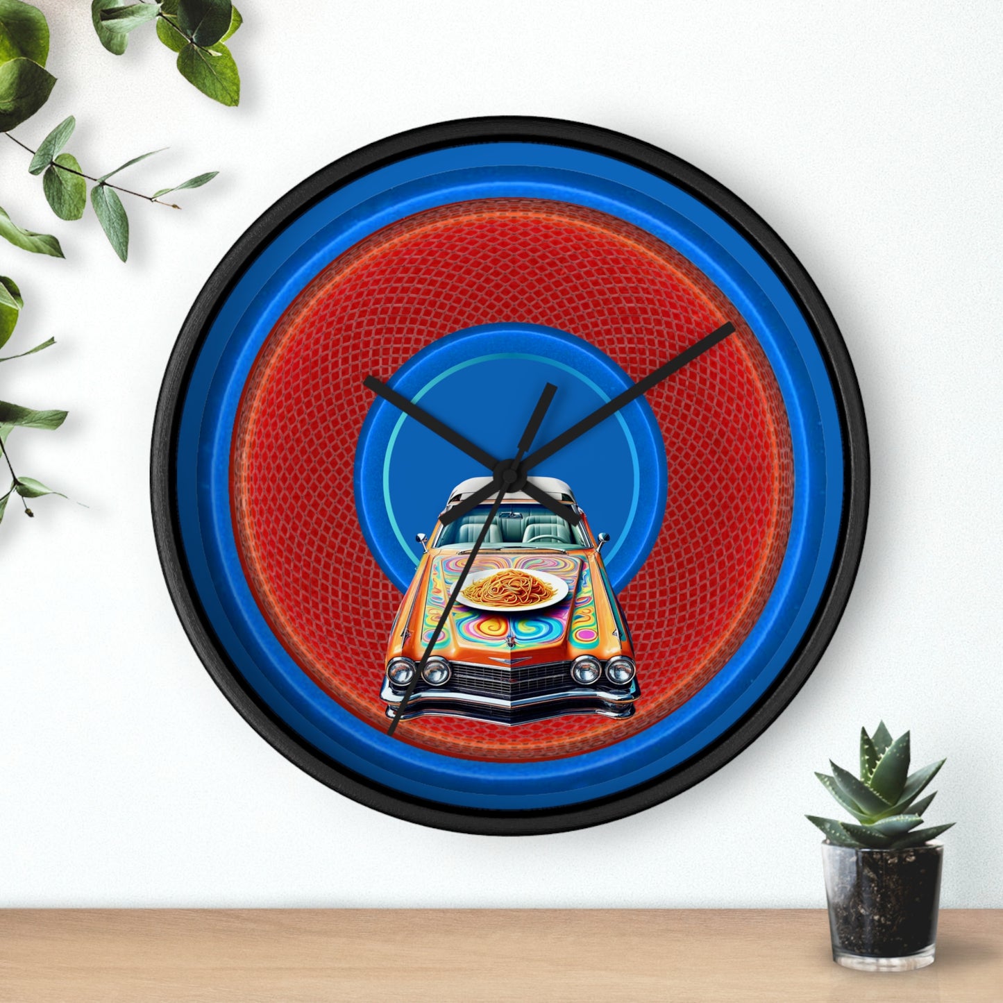Lumpy Wall Clock - "Cadillac Rainbows & Eating on the Run" - variant 1 - rustic red/blue donut w/dark royal blue background