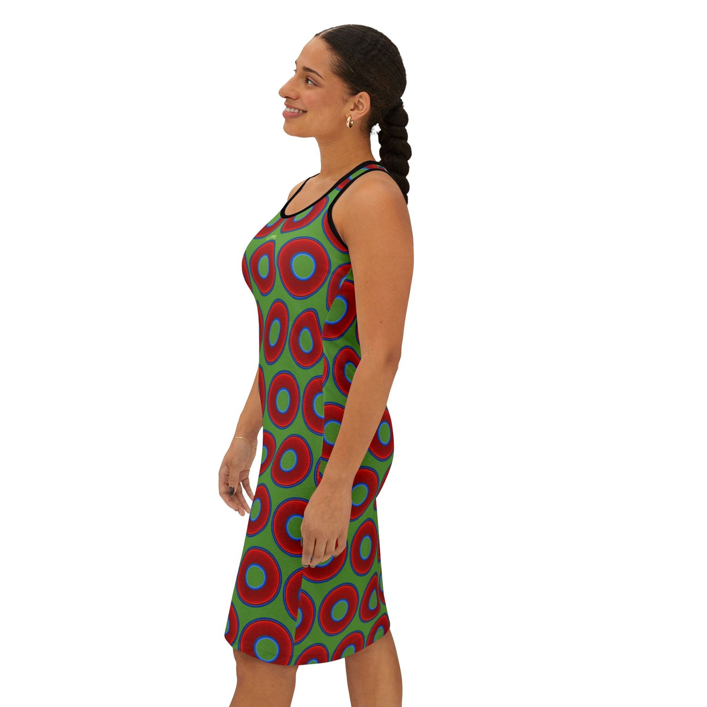 Tela's Lumpy Racerback Donut Dress - red vivid donut print w/light green background