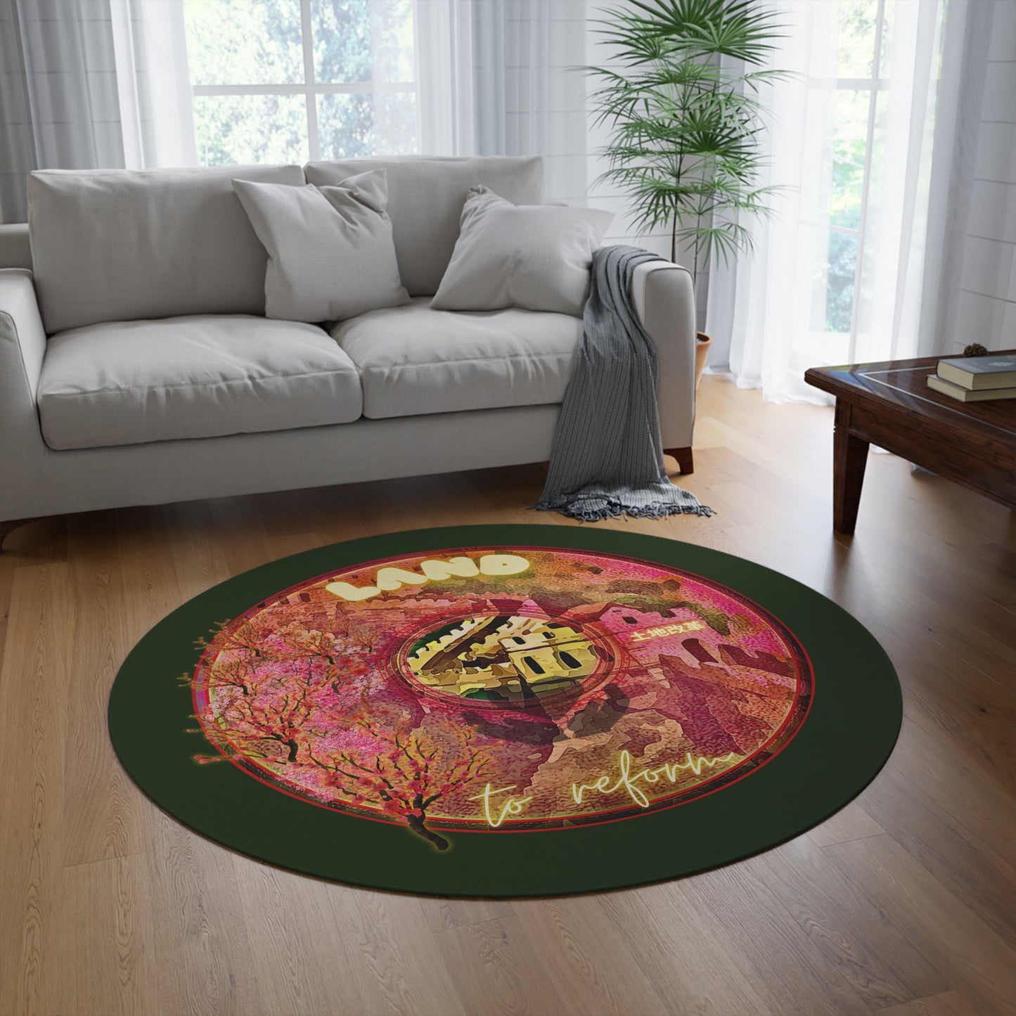Round Room - 5 ft x 5 ft Lumpy Donut Rug - "The Reforming Donut Rug" - magenta pic donut w/deep forest green background