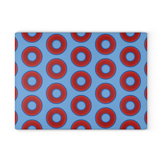 My Friend's Cutting Board - vivid red donuts w/light blue background