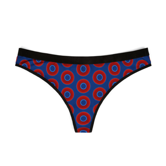 Lumpy Donut Thongs - red vivid donut print w/dark blue background