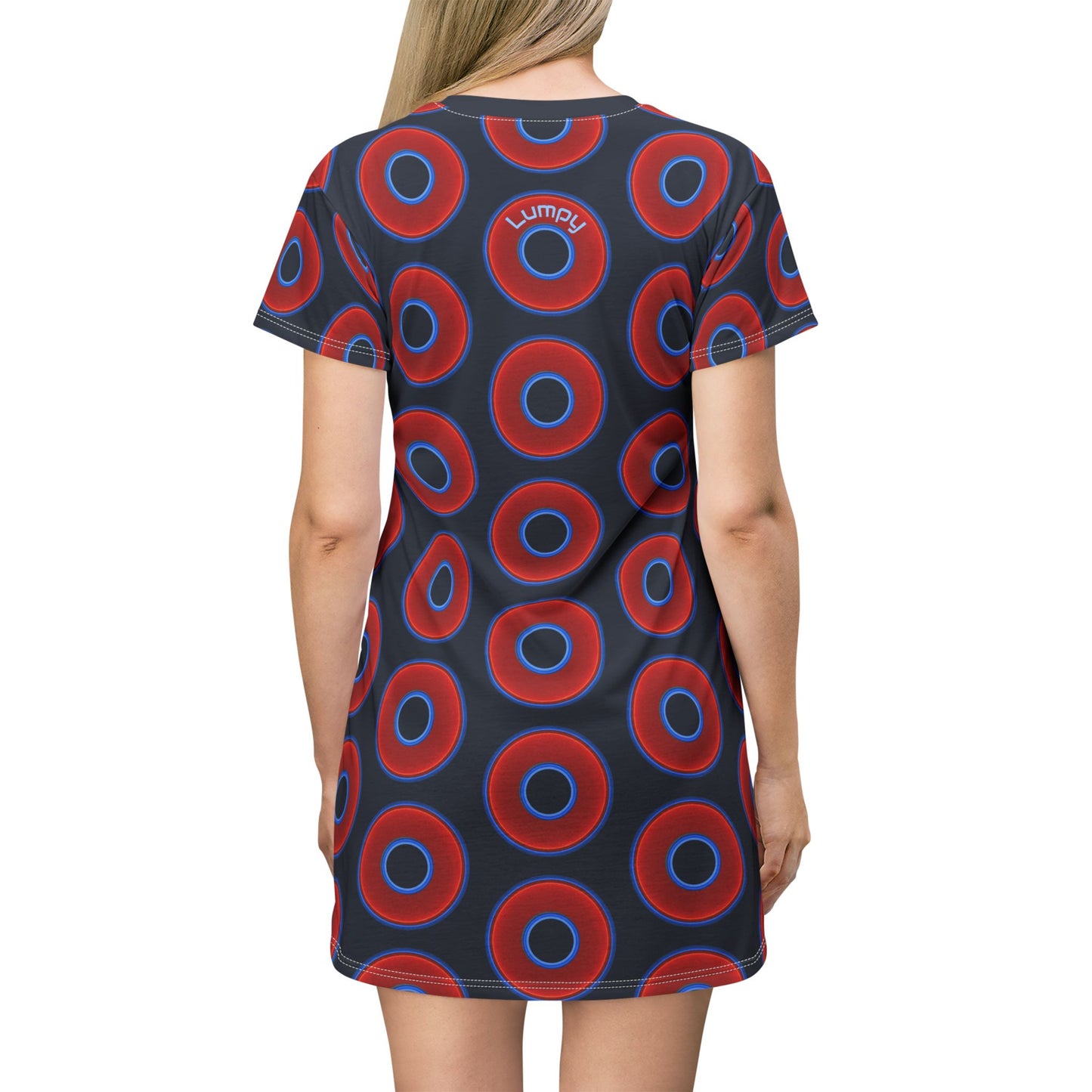 Not a Muumuu AOP Tee Shirt Dress - red vivid donuts w/dark teal blue elite background