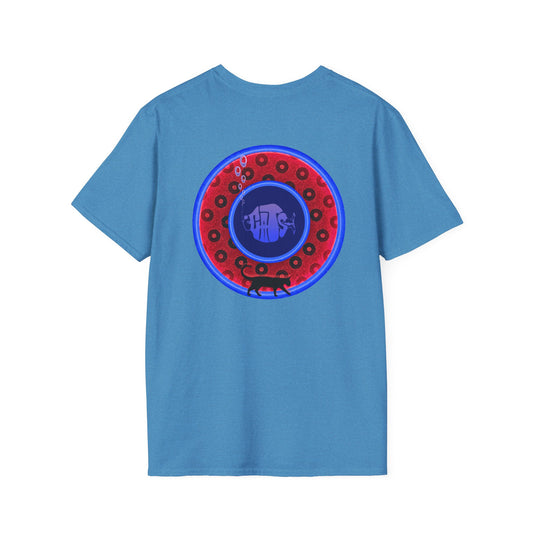 Classic Donut Tee - Unisex Soft-Style - "The Cat's Meow Donut' - red/blue paradox widemouthed donut