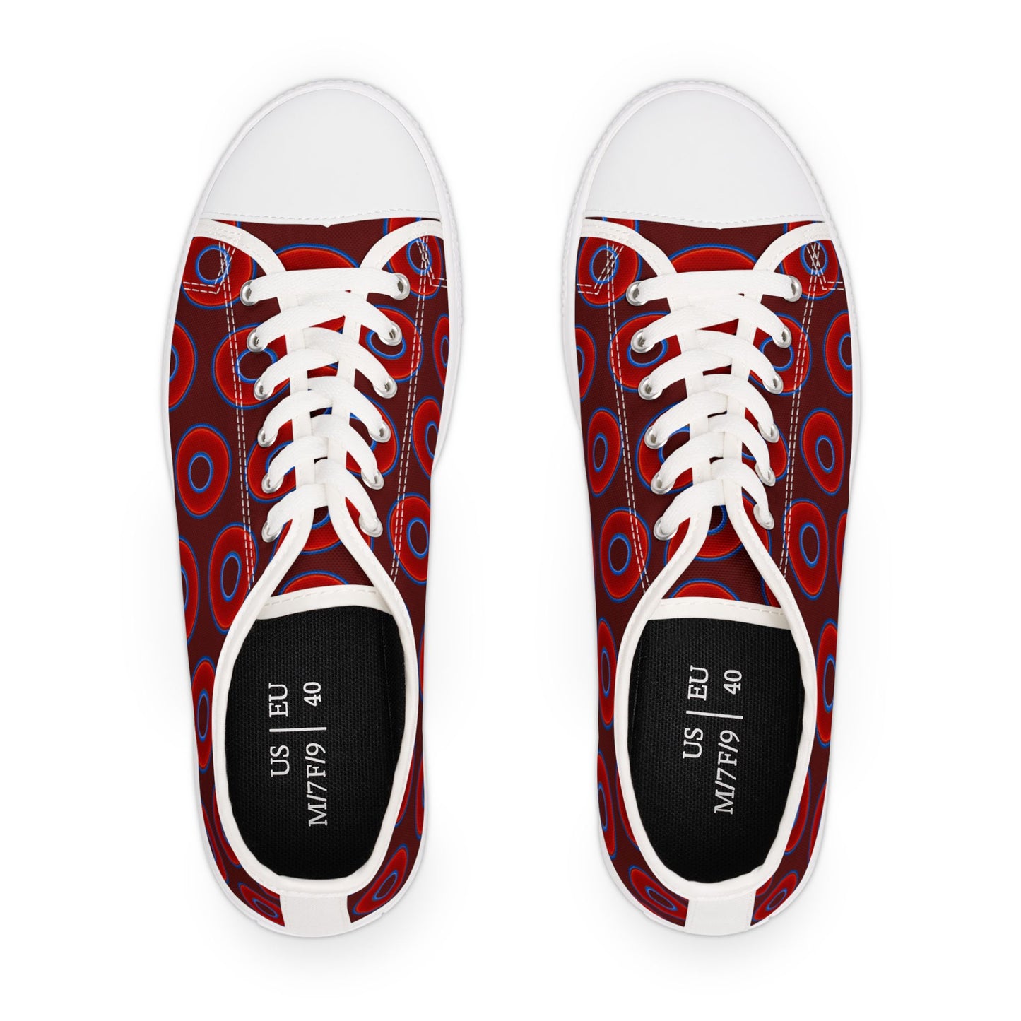 Women's - Low Top Chuck Taylors - large vivid red donut print w/dark red background