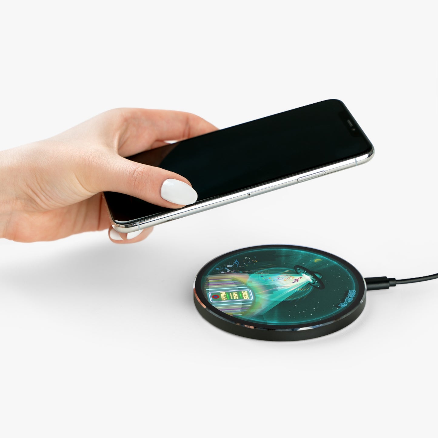 The Flow - Wireless Lumpy Donut Chargers - "Secret Ingredient? MSG Of Course" - vivid dark teal w/black background