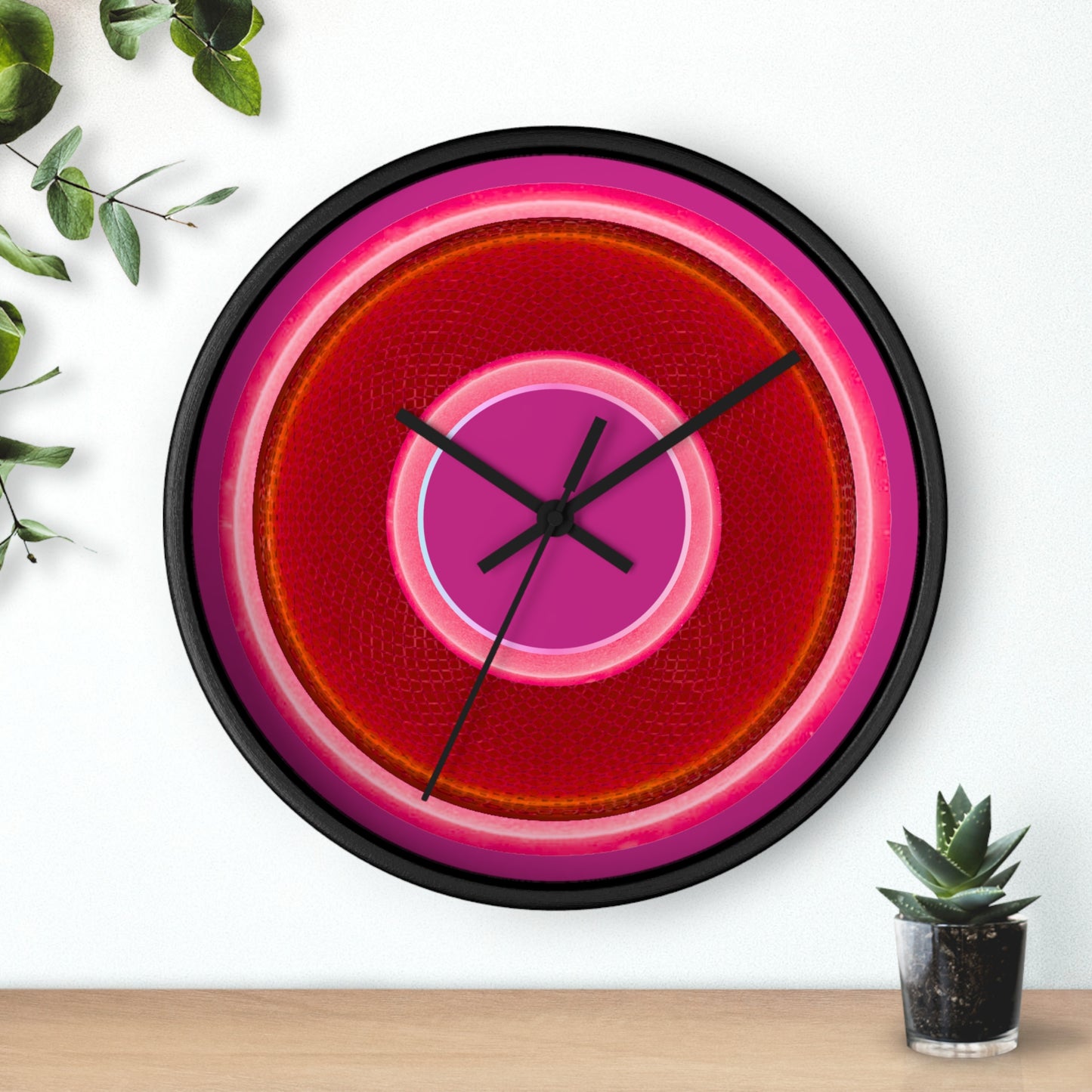 Lumpy Wall Clock - red rustic donut w/pink edging - variant 1 w/fuchsia background