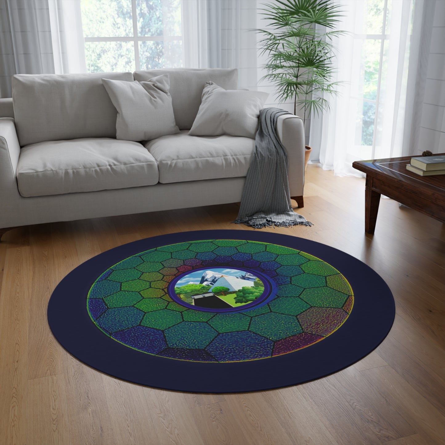 Round Room - 5 ft x 5 ft Lumpy Donut Rug - "Mansions of South Park Donut Rug" - green hexadonut w/dark navy background - variant 1
