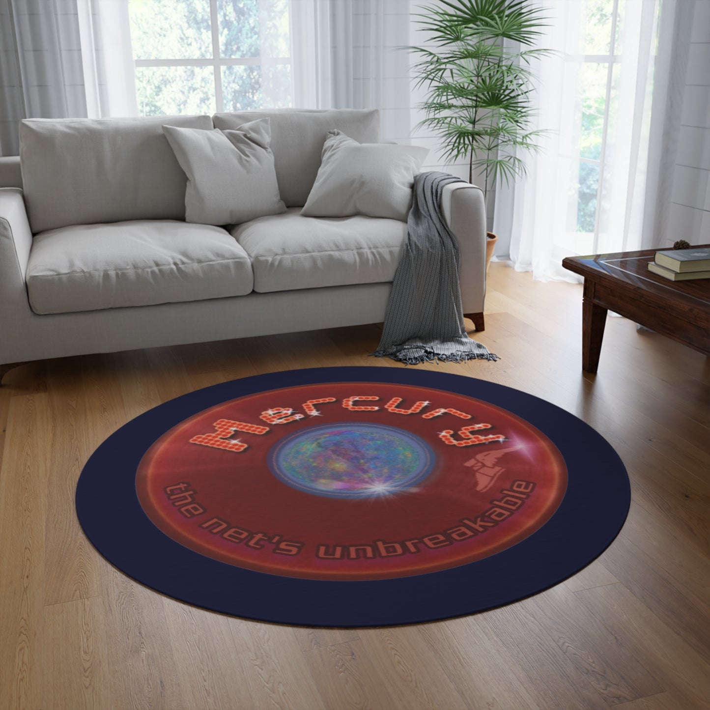 Round Room - 5 ft x 5 ft Lumpy Donut Rug - "Donut Rug of the Gods" - vivid red donut w/dark navy background - variant 5