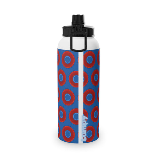 32oz Lumpy Stainless Steel Water Bottle - vivid red donuts w/dark royal blue background