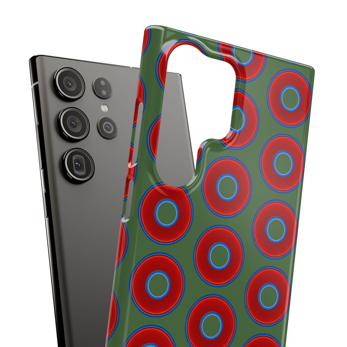 Lumpy Donut Snap Case - red vivid donut print w/dark green background