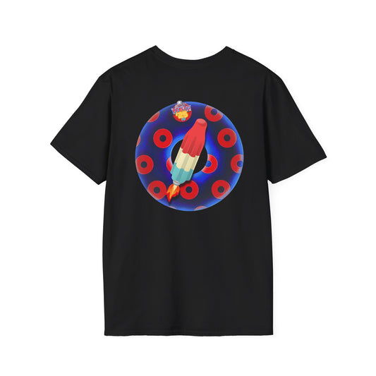Classic Donut Tee - Unisex Soft-Style - "Blow this Popsicle Stand" - blue/red paradox bomb pop donut - variant 3