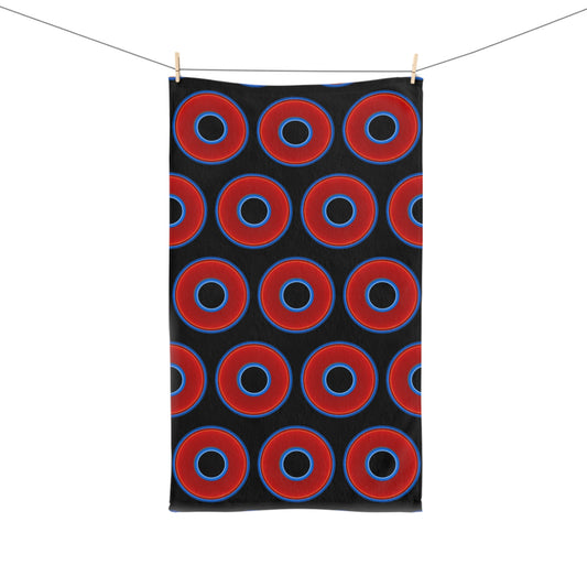 Lumpy Kitchen/Hand Towels - vivid red donuts w/black background