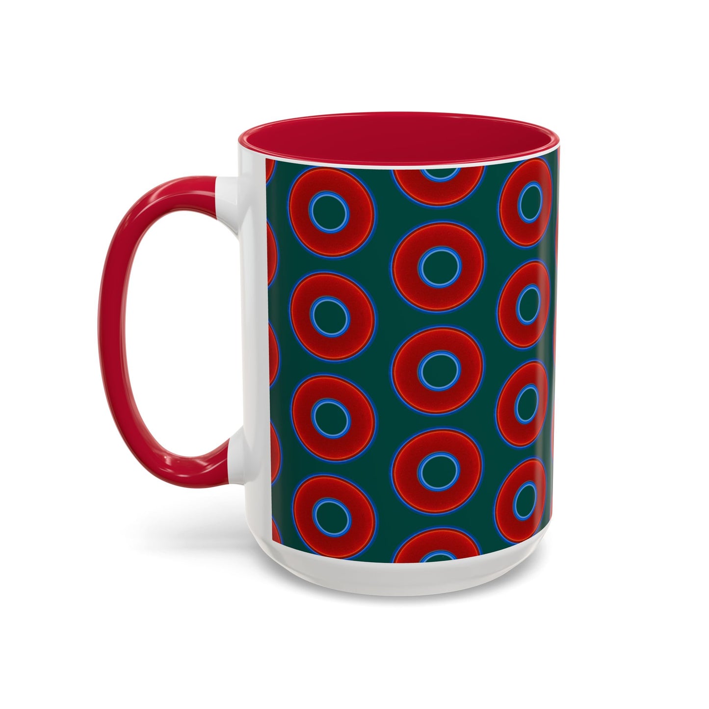 Lump's Grumpy Coffee Mug - vivid red donuts w/dark Fenway green background
