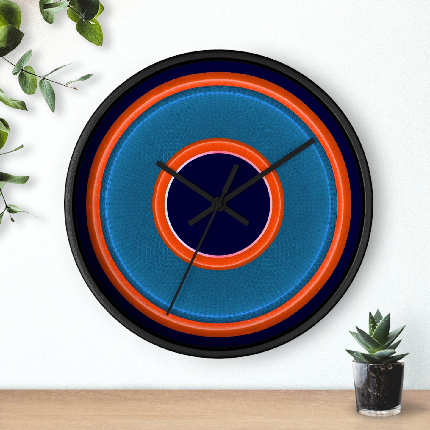Lumpy Wall Clock - blue rustic donut w/light red/orange edging - variant 7 w/midnight blue background