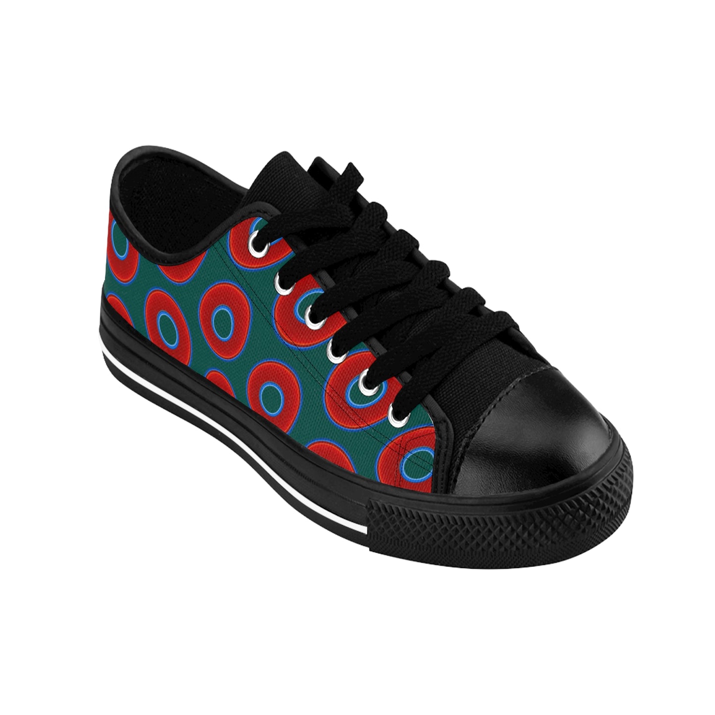 Women's Cushiony Convectors - Low Top - large red vivid donut print w/dark Fenway green background