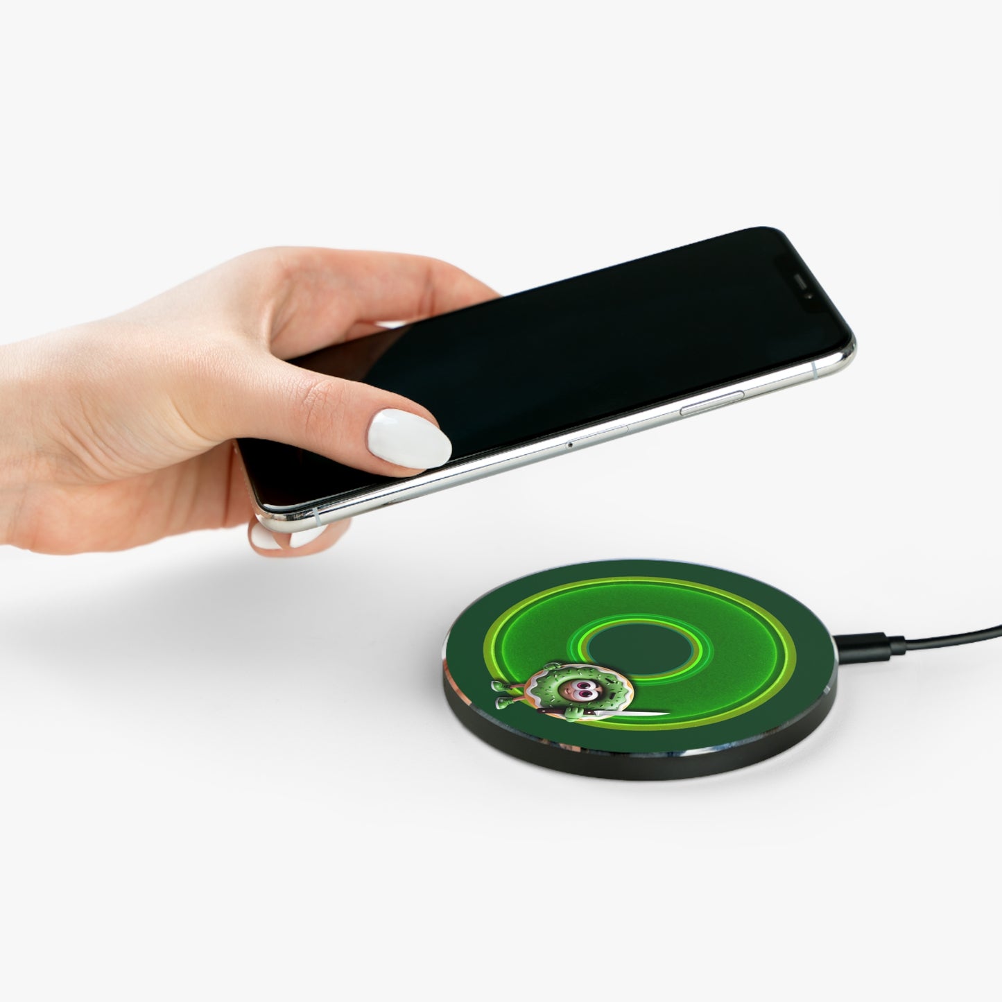 The Flow - Wireless Lumpy Donut Chargers - "My Phreind the Wireless Donut Charger" - vivid green donut w/deep pond green background - variant 4