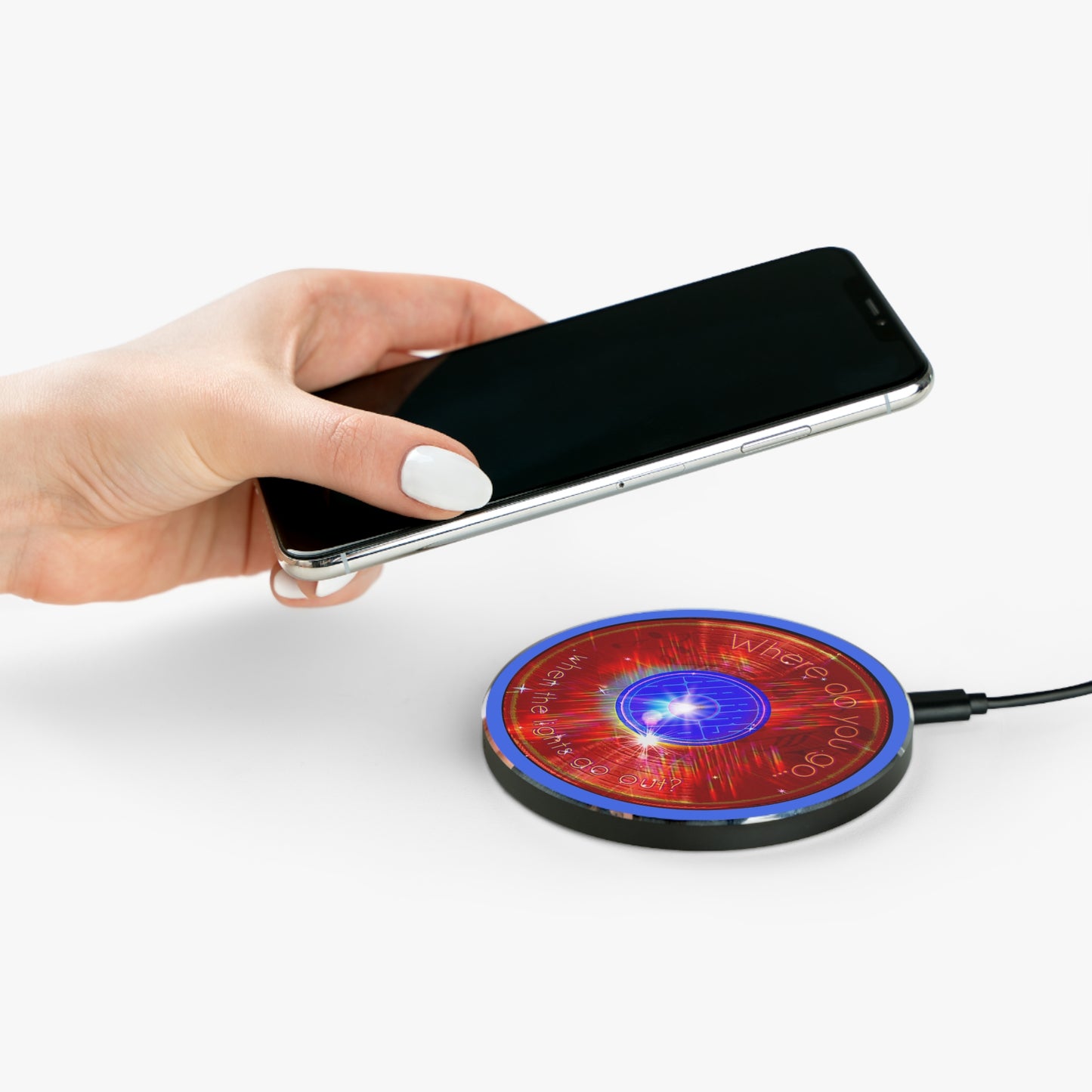 The Flow - Wireless Lumpy Donut Chargers - "Hoodlum's Donut Charger" - vivid red word donut w/royal blue background - variant 1