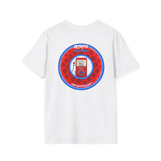 Coffee Traders Tee - Unisex Soft-Style - "Reba's Decaf: Coffee Grounds & Mud " - paradoxical donut - variant 2 - logo front/Reba back