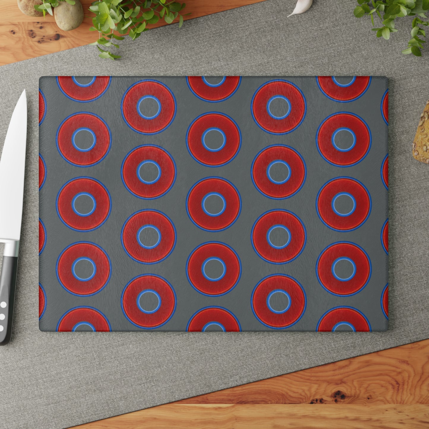 My Friend's Cutting Board - vivid red donuts w/dark gray background