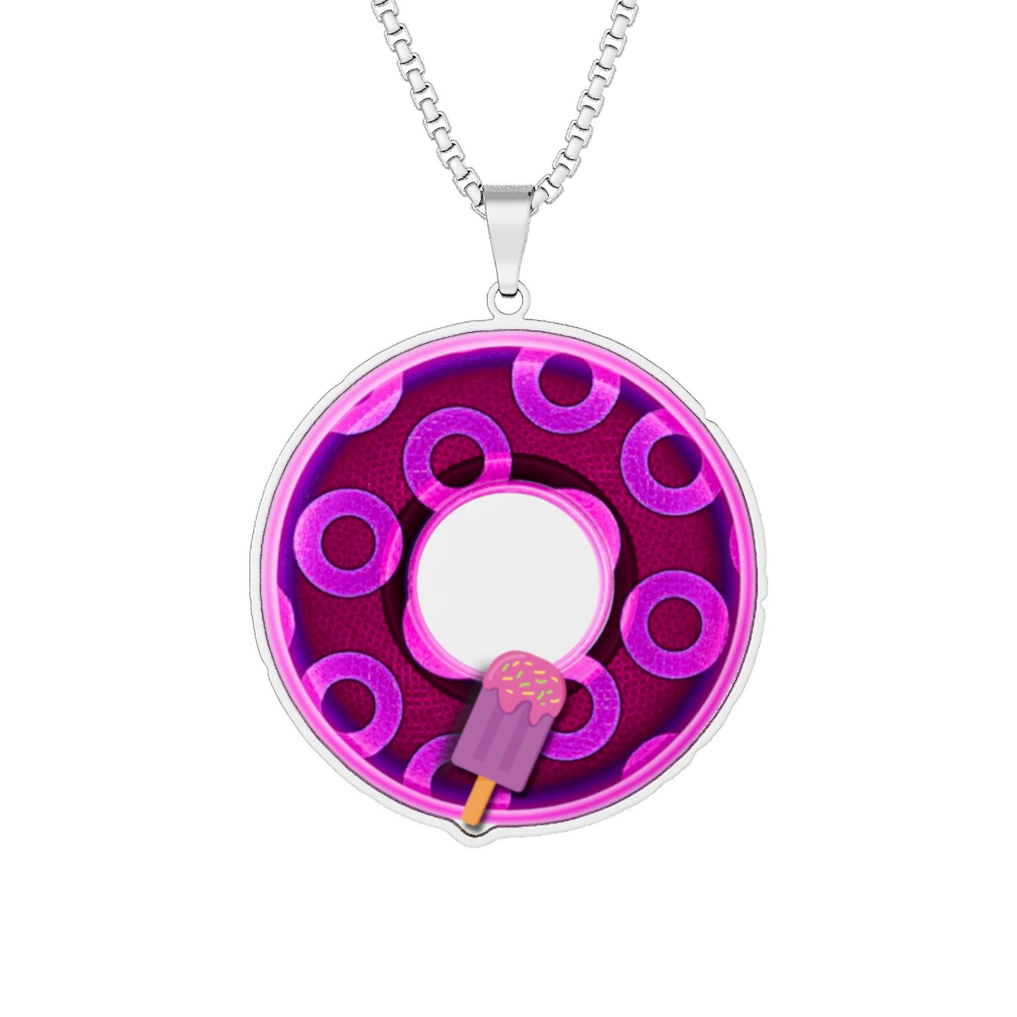 Lump's Heady Donut Necklace - 1" x 1" Stainless Steel Pendant - "Wooked Cream Dairy - YEMSG Donut - Ice Cream Bar" - magenta/purple rustic paradox donut - variant 1