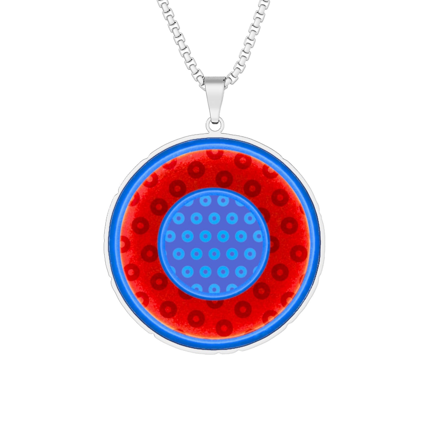 Lump's Heady Donut Necklace - 1" x 1" Stainless Steel Pendant - "Abstract Donuts Within Donuts" -red/blue widemouthed paradox donut