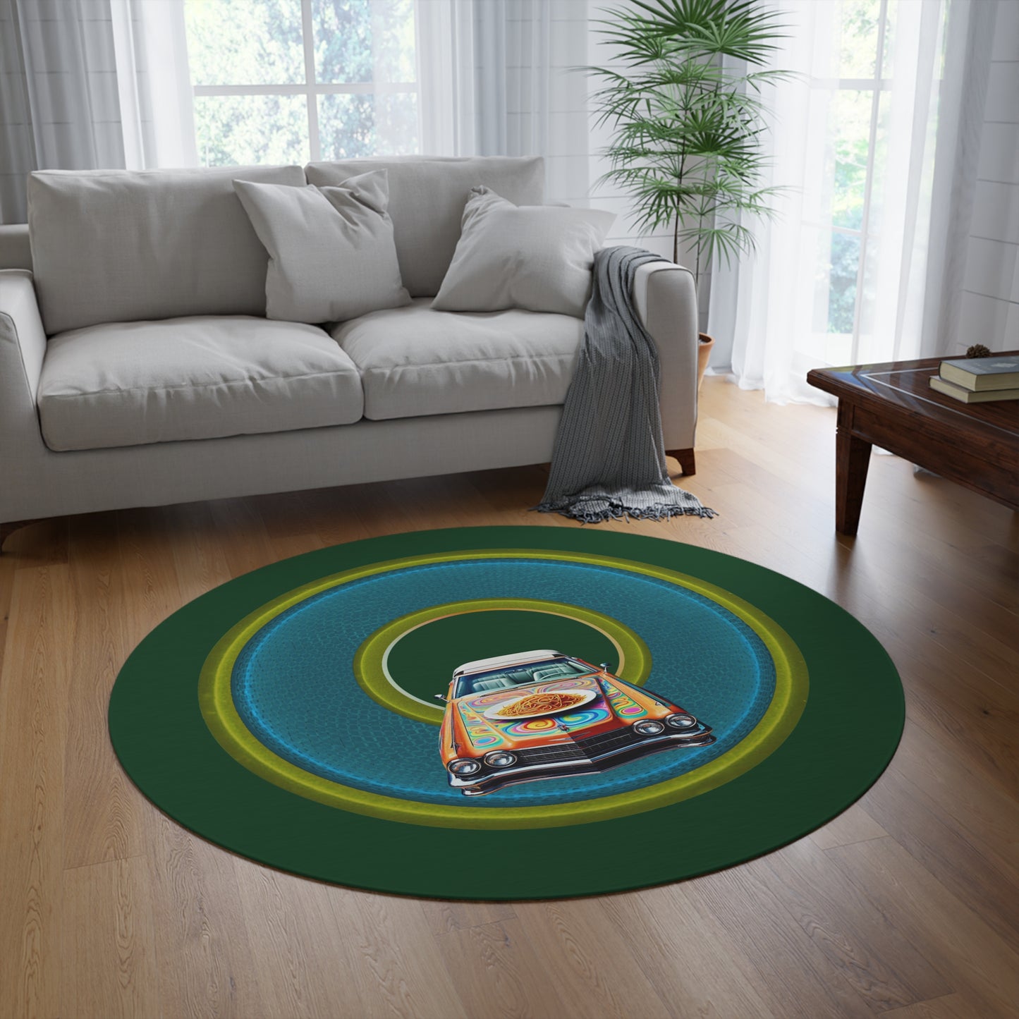 Round Room - 5 ft x 5 ft Lumpy Donut Rug - "Caddy Spaghetti Incident Donut Rug" - rustic blue/green donut w/deep pond green background - variant 4