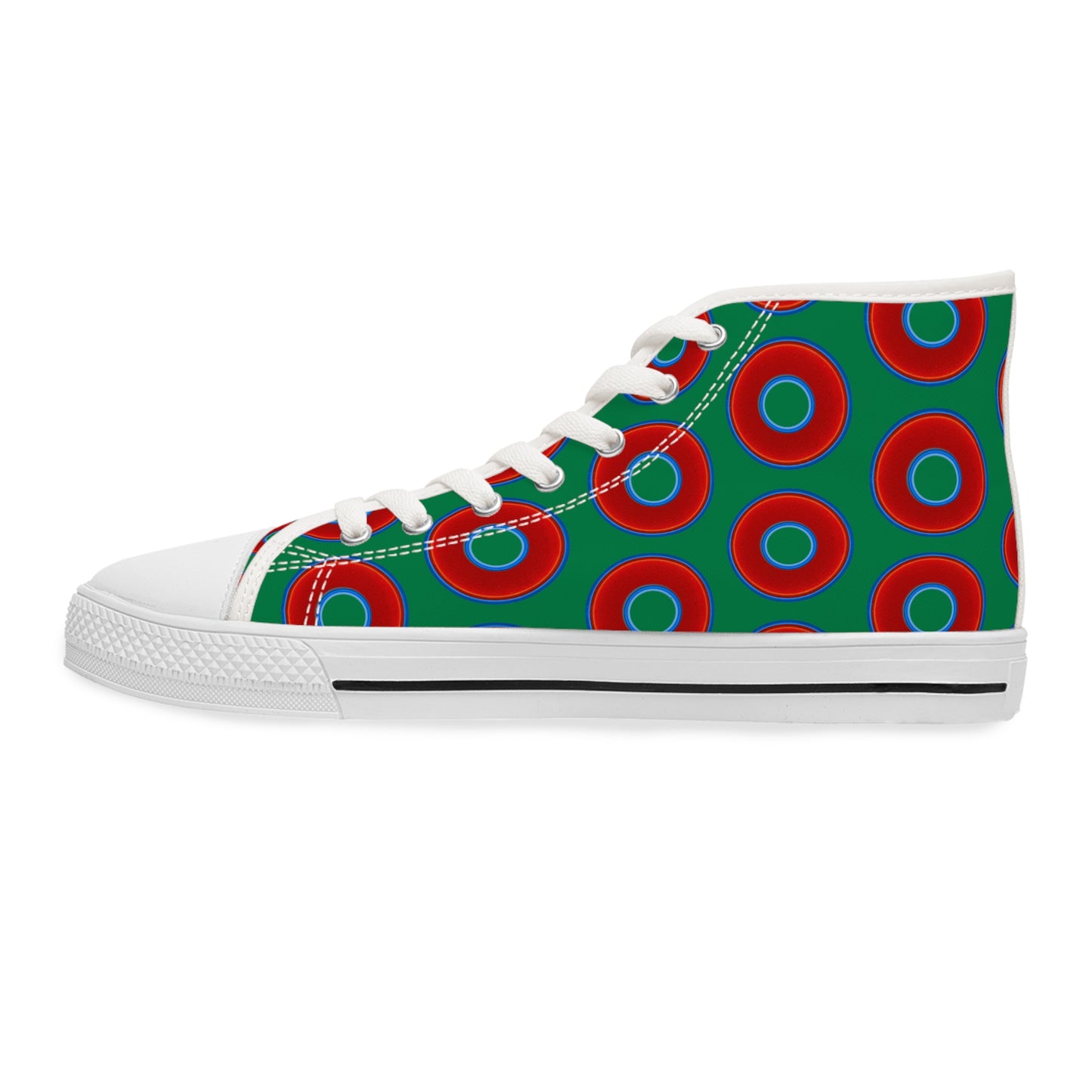 Women's High Top Chuck Taylors - large vivid red donut print w/green background